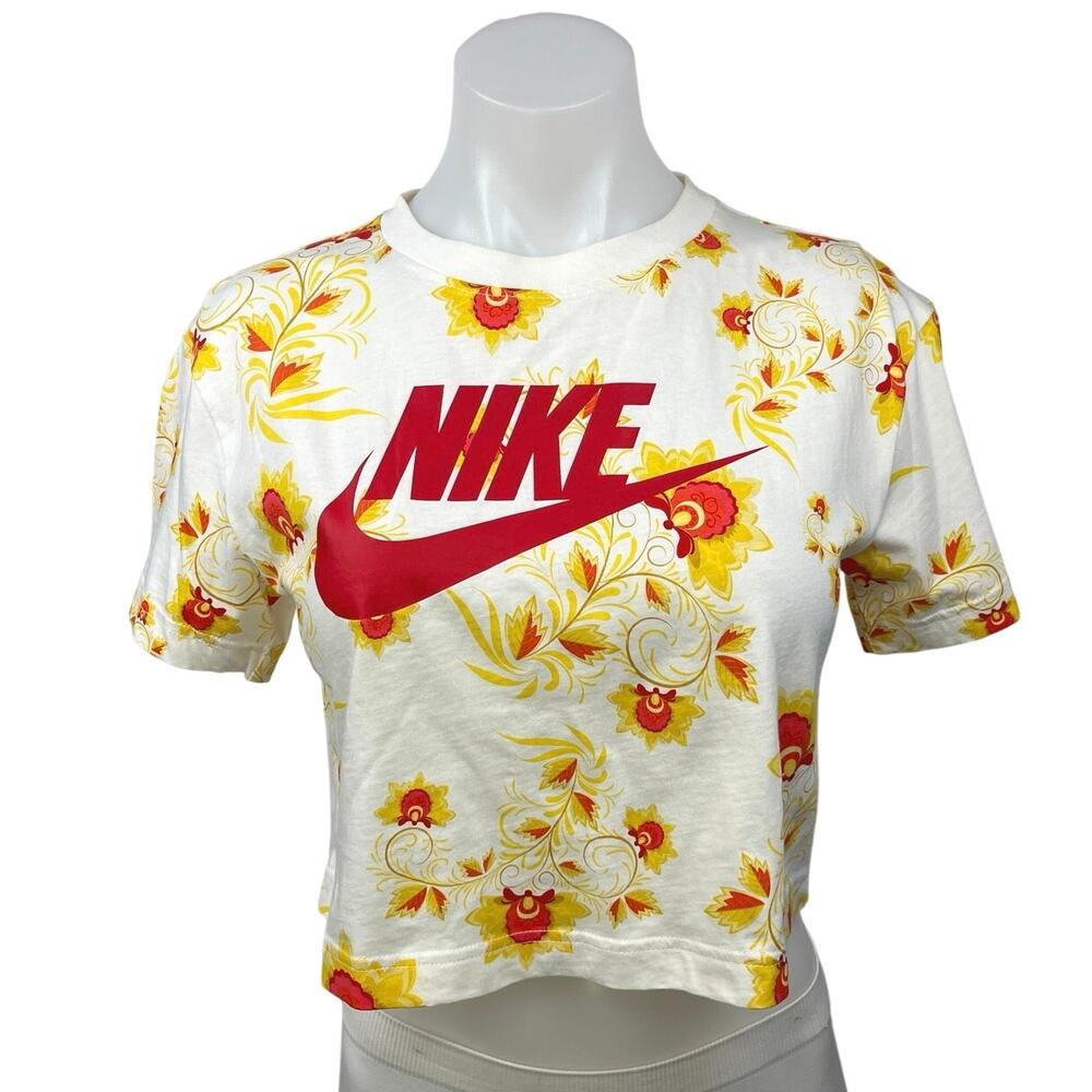 Nike Women's White Yellow Red Floral Logo Crew Neck T Shirt Tee Crop Top Size XS